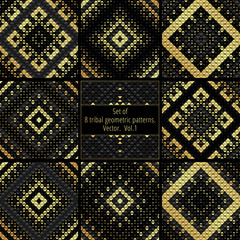 vector set of eight geometric seamless patterns, gold and gray triangles on black background