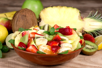 Healthy meal for your health, freshly prepared fruit salad with various fresh and organic fruits