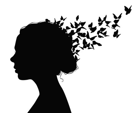 Black vector portrait of a woman with butterflies flying from her hair