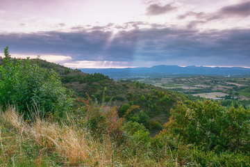 Panorama of a valley in the Ardeche with in the background the mountains of the Ardeche