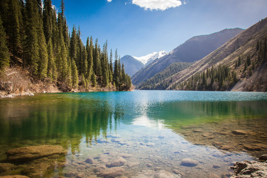 Majestic blue mountain lake with green trees