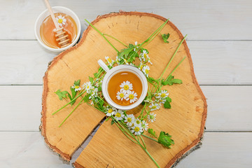 Bowl filled with flower honey and spoon with a cup of tea on a disk of birch wood