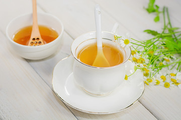 Bowl filled with flower honey and spoon with a cup of tea
