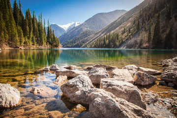 Obrazy na Szkle  Majestatyczne niebieskie górskie jezioro z zielonymi drzewami