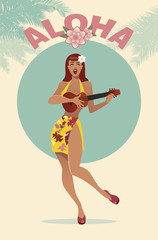 Sexy PinUp girl playing ukelele under palm trees. Retro Hawaiian Scene