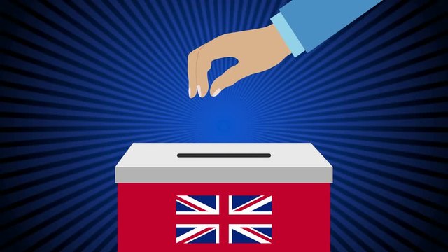 Hand with ballot and box. Referendum in Great Britain. 4K Ultra High Definition video animation loop.