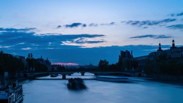 Timelapse Sunset on the Seine river in Paris, France