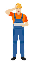 Builder holding digital tablet and grabbed his head