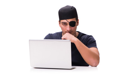 Digital security concept with pirate isolated on white
