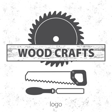 Wood craft logo. Woodworks professional service. Grange print stamp. Stock vector. Flat design.