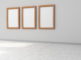 Interior empty room with three empty wooden picture frames on white wall. Mock-up template for display, products, title or logo. Studio or blank office space. 3d illustration
