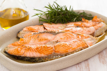 fried salmon on dish