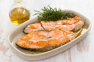 fried salmon on dish