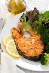 fried salmon with broccoli on dish