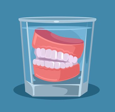 False Teeth In Glass. Vector Flat Cartoon Illustration