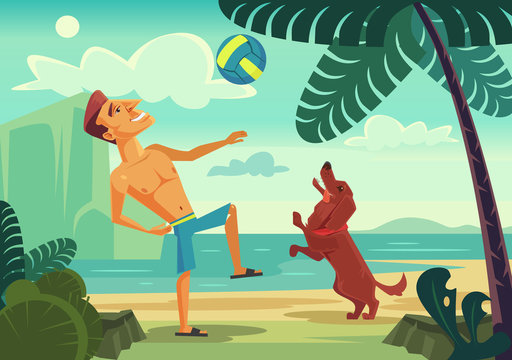 Happy smiling man character playing ball with his cheerful dog on the beach. Vector flat cartoon illustration