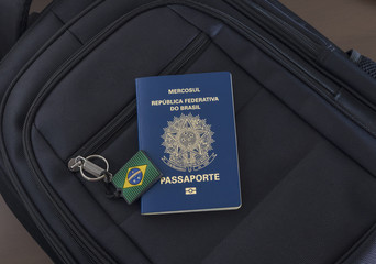 Brazilian passport above a bag. Word trip concept image.