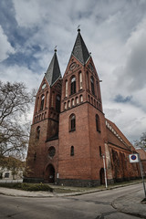 Fototapeta na wymiar Gothic church with belfries in Frankfurt on the Oder.