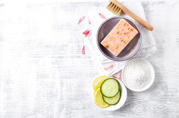 Natural Body Care Products on Rustic Wooden Background