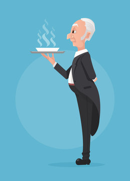 Butler in black tuxedo holding tray with soup dish. Vector flat cartoon illustration