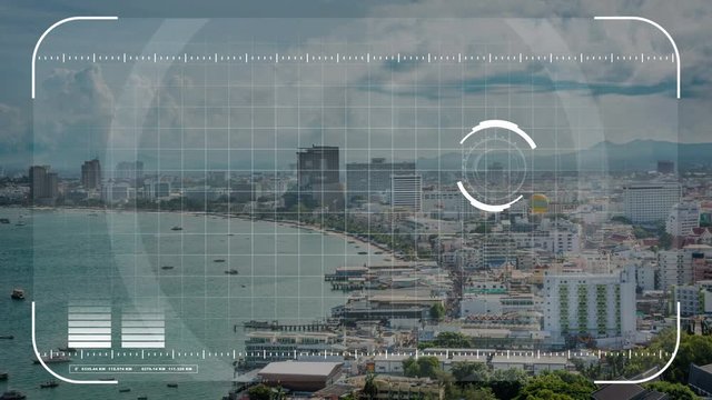 Animation of digital security drone, camera or hologram scanning technology lock on seaside city in military observation technology concept (focus version).
