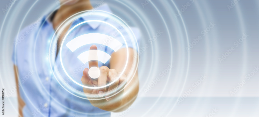 Aufkleber businesswoman using free wifi hotspot interface 3d rendering