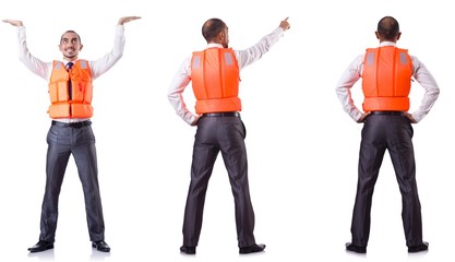Obraz premium Man in life jacket isolated on white