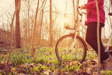 woman on a bicycle in the forest in spring at evening with beautiful sunlight