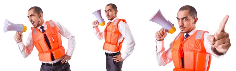 Man in life jacket isolated on white