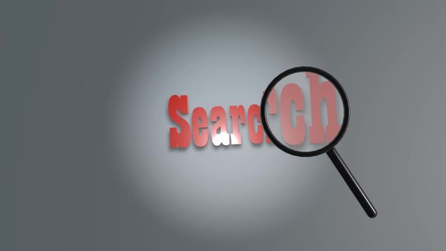 3D animation - Magnifying glass passing in front of the word "search"