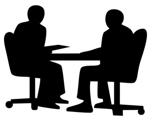 Business conversation. Two businessman speaking and working sitting at a desk in office. Vector illustration silhouette.