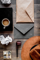 profession concept with writer tools on work desk background top view