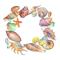 Square frame with underwater life objects. Hand drawn watercolor painting on white background.