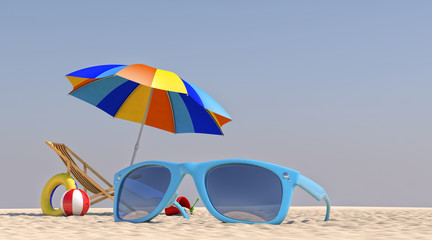 3D Illustration Chair Umbrella on the beach