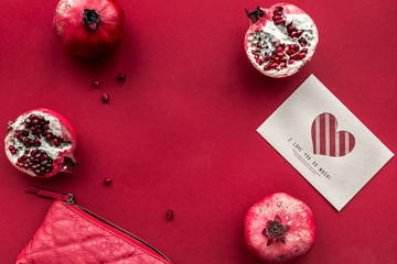 Ripe fresh fruit with love letter on red background top view mockup