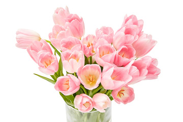 Bouquet of pink tulips in vase isolated on white background