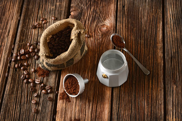 old coffee maker and coffee beans - italian coffee