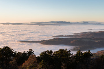 A sea of fog between some hills and some more distant mountains, with a line of trees in the foreground. It's sunset, so the colors are warm and soft
