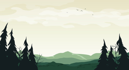 Landscape with green silhouettes of hills, trees and branches - vector cartoon illustration