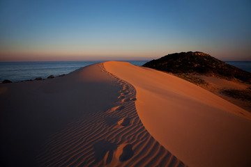 Fototapeta na wymiar footprints on the sand dunes on a sunset in a desert