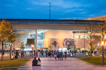 Pair couple two lovers people sit sitting back view at football stadium arena fans before match...