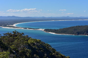 View of Karuah River at its mouth from Mount Tomaree on sunny day.