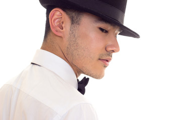 Young man in white T-shirt with black hat