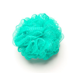 Soft blue bath sponge isolated on white background with copy space.