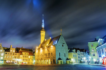 Night view of the Town Hall Square in Tallinn, Estonia
