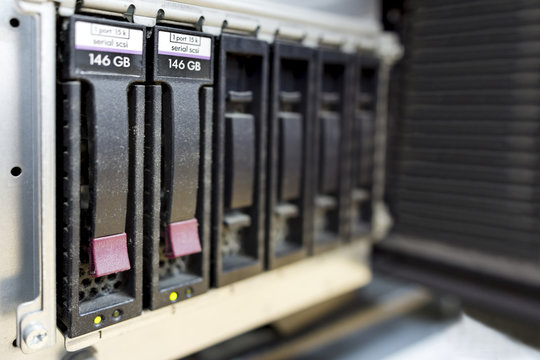 detail of data center with hard drives, hotplug hdd