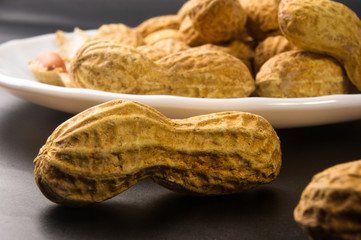 Peanuts in shell on dark background, close up