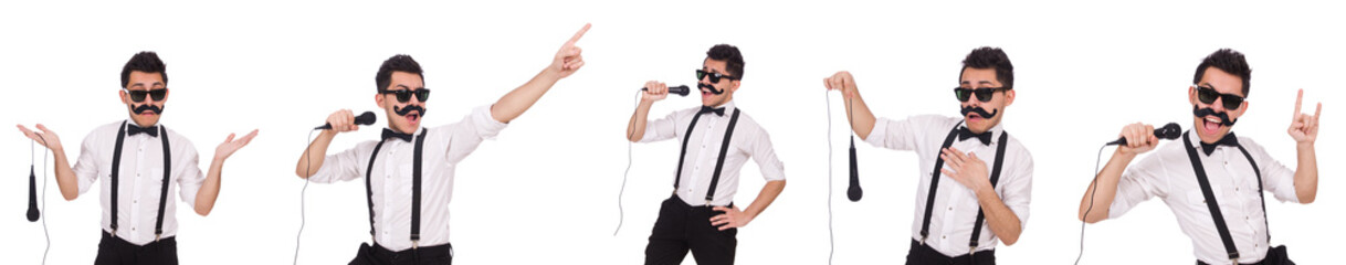 Funny man with mic isolated on white