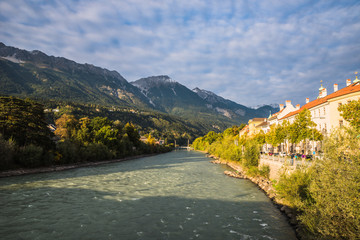 Fototapeta na wymiar River Inn in beautiful mountain scenery at City Innsbruck, Austria