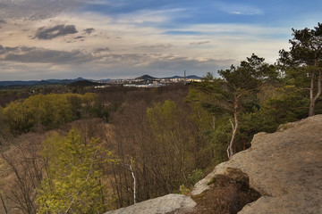 Fototapeta na wymiar Ceska Lipa city from rock view Skautska skala in sping tourist area Machuv kraj